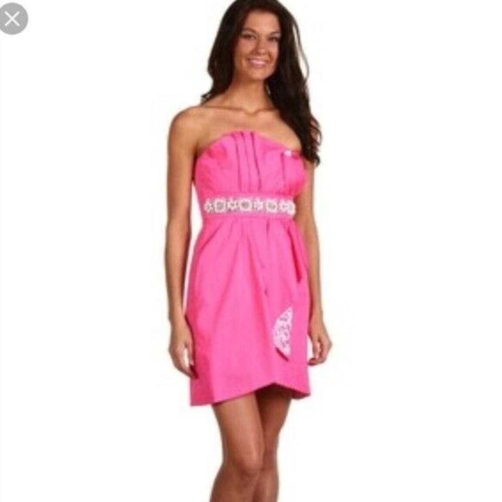 Lilly Pulitzer Crystal Hotty Pink Dress Strapless Mini Pearls Sweetheart Size 0